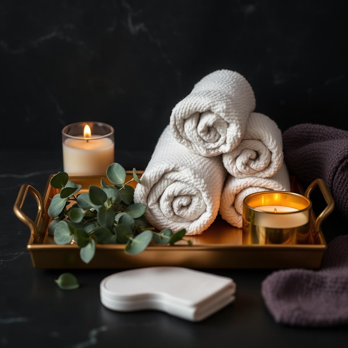 Gold tray with rolled towels, eucalyptus and candles