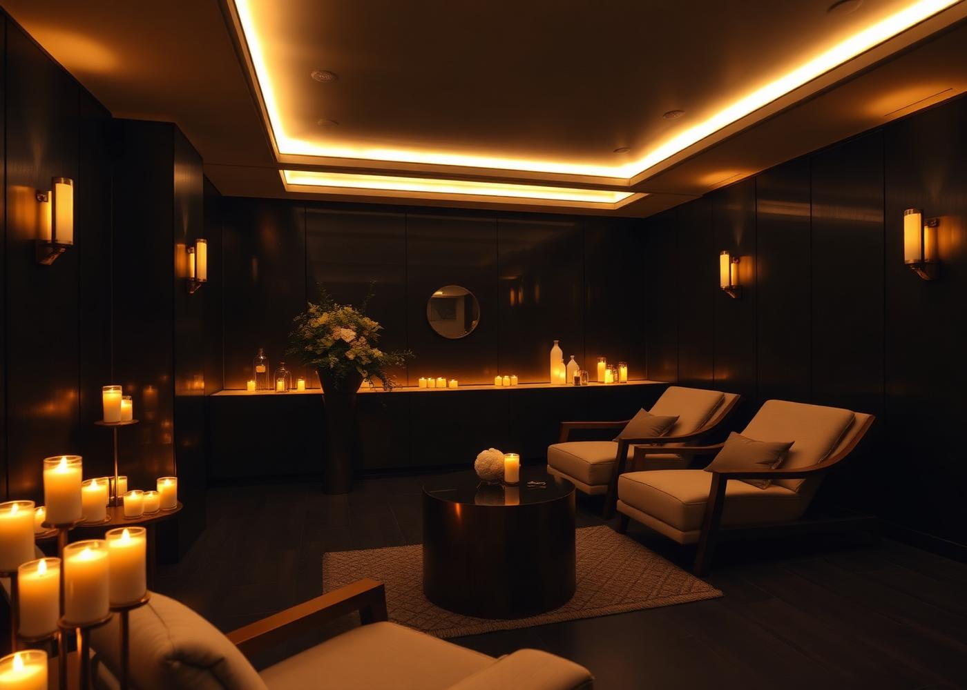 Candlelit relaxation lounge with low seating at Dana Body Treat
